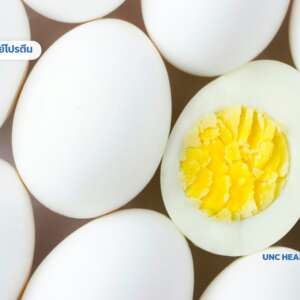ไข่ไก่สีขาวและไข่ต้มผ่าครึ่ง ภาพปกบทความโปรตีนไข่ขาวกับเวย์โปรตีน