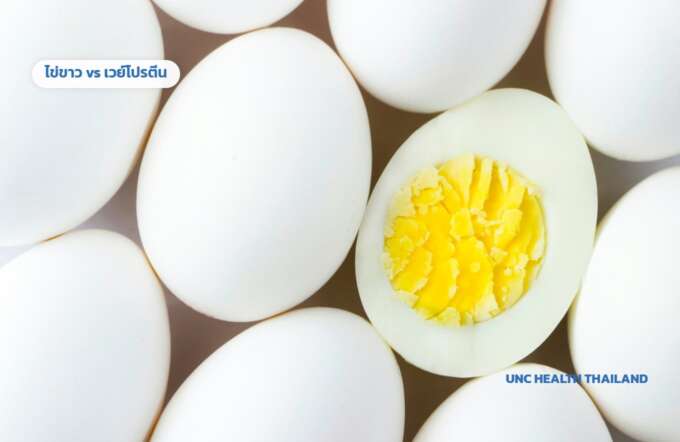 ไข่ไก่สีขาวและไข่ต้มผ่าครึ่ง ภาพปกบทความโปรตีนไข่ขาวกับเวย์โปรตีน